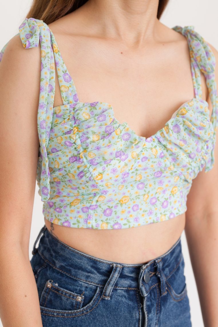 Floral Print Padded Crop Top - Light Blue - Image 6