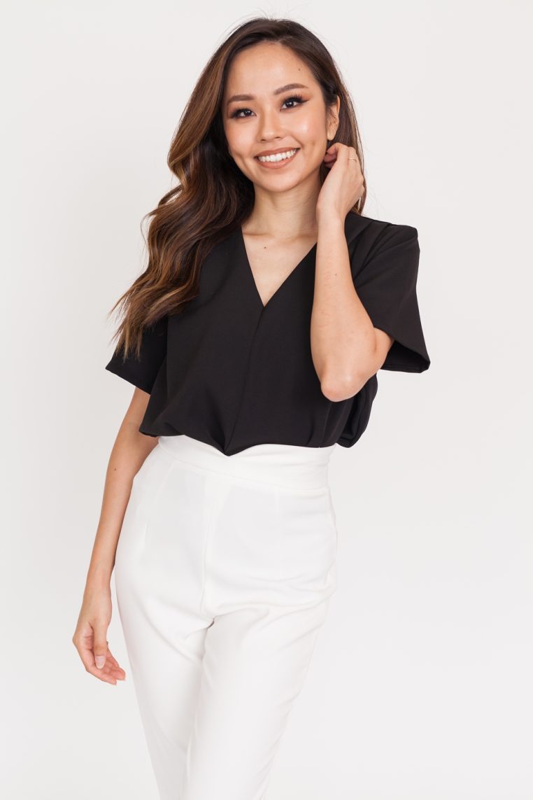 V Neck Pleat Blouse - Black - Image 4