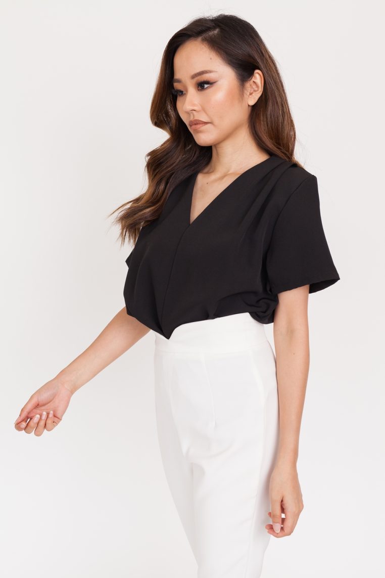 V Neck Pleat Blouse - Black - Image 5
