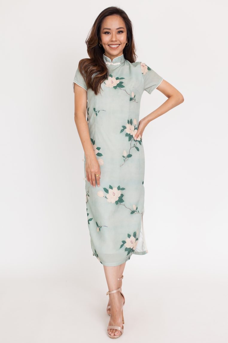 Sage Rose Print Midi Cheongsam - Image 3