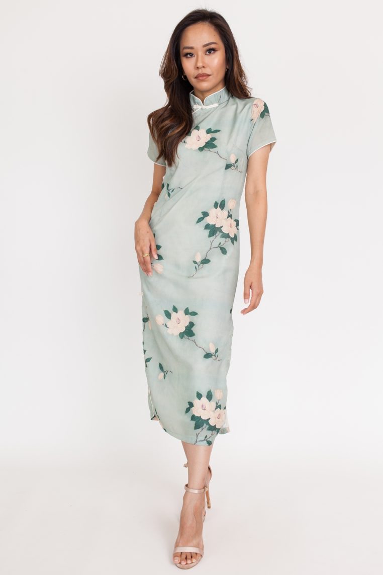 Sage Rose Print Midi Cheongsam - Image 4