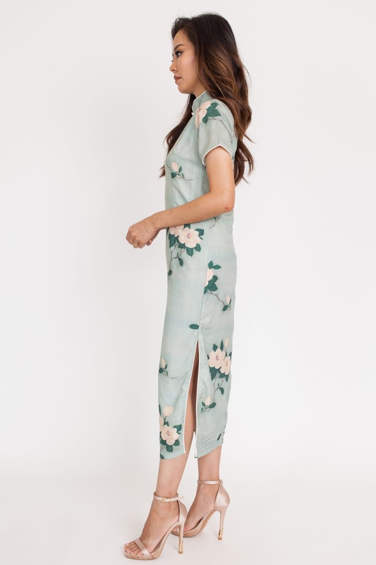 Sage Rose Print Midi Cheongsam - Image 5