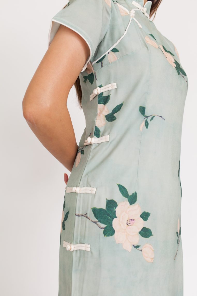 Sage Rose Print Midi Cheongsam - Image 7