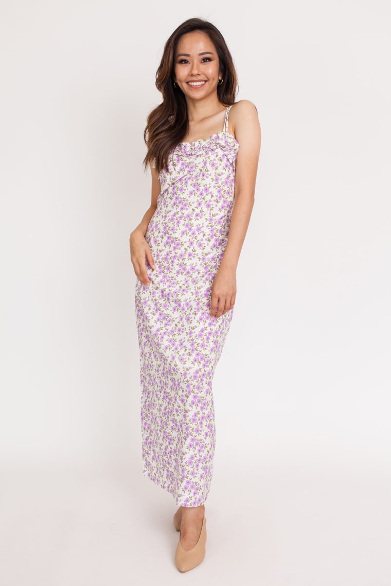 Ruffle Floral Print Maxi Dress - White Lilac - Image 3