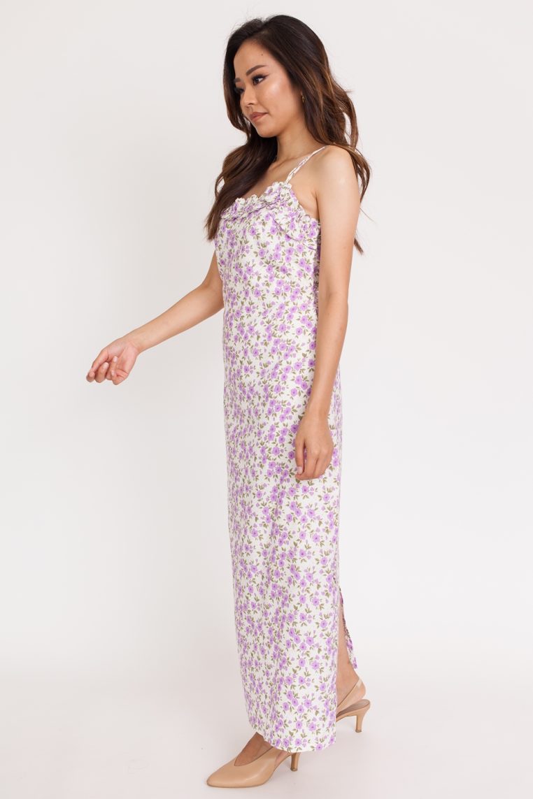 Ruffle Floral Print Maxi Dress - White Lilac - Image 5