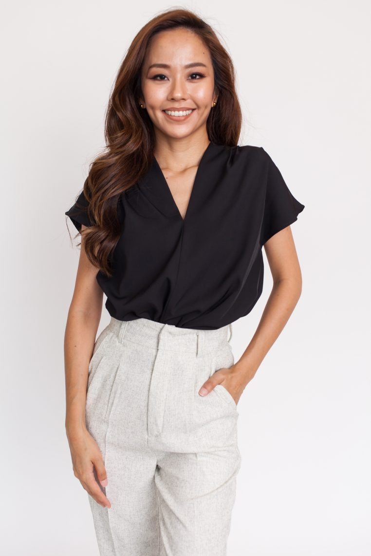 V Neck Pleated Shoulder Blouse - Black - Image 3