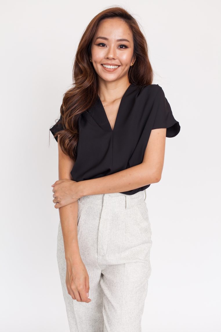V Neck Pleated Shoulder Blouse - Black - Image 4