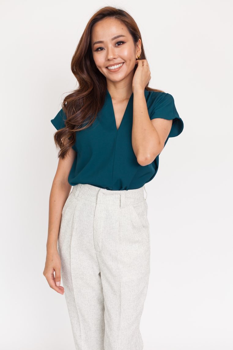 V Neck Pleated Shoulder Blouse - Emerald Green - Image 3