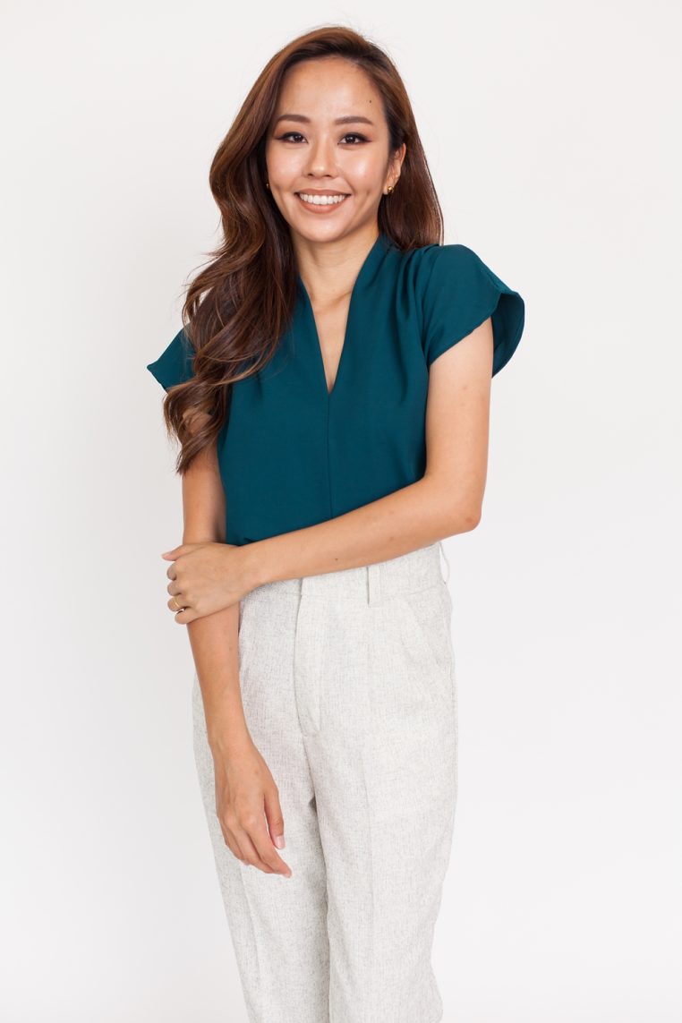 V Neck Pleated Shoulder Blouse - Emerald Green - Image 4