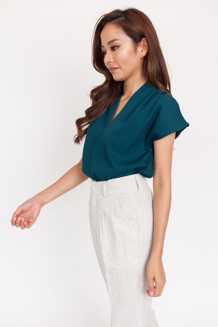 V Neck Pleated Shoulder Blouse - Emerald Green - Image 5
