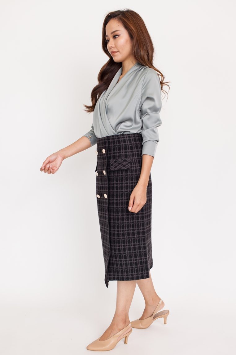 Draped Long Sleeve Satin Blouse - Grey - Image 4