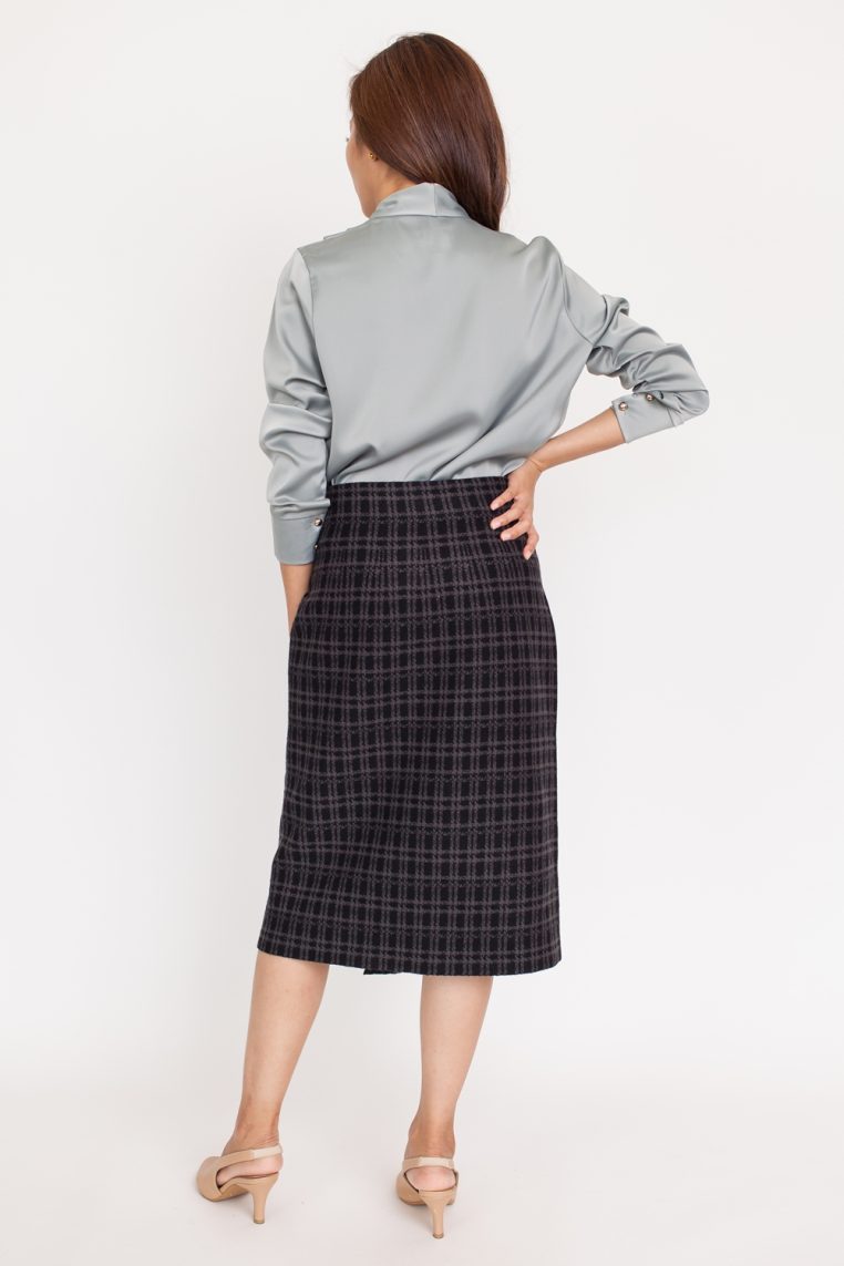 Draped Long Sleeve Satin Blouse - Grey - Image 5