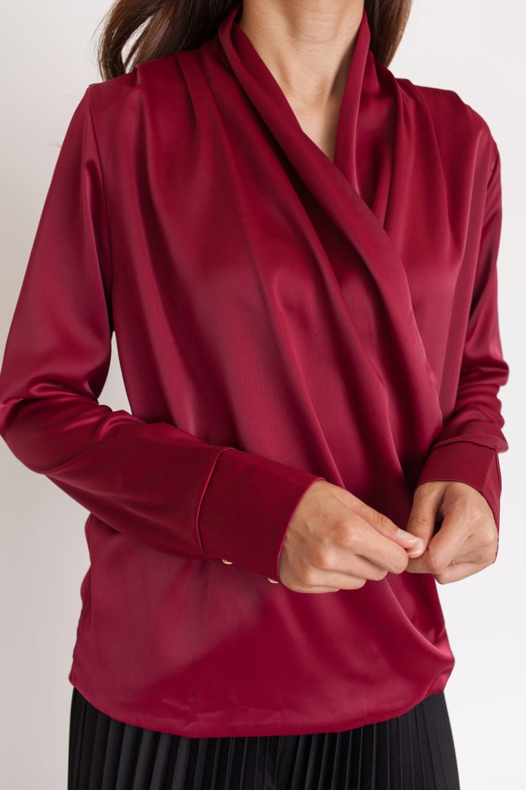 Alternative view of Draped Long Sleeve Satin Blouse - Maroon