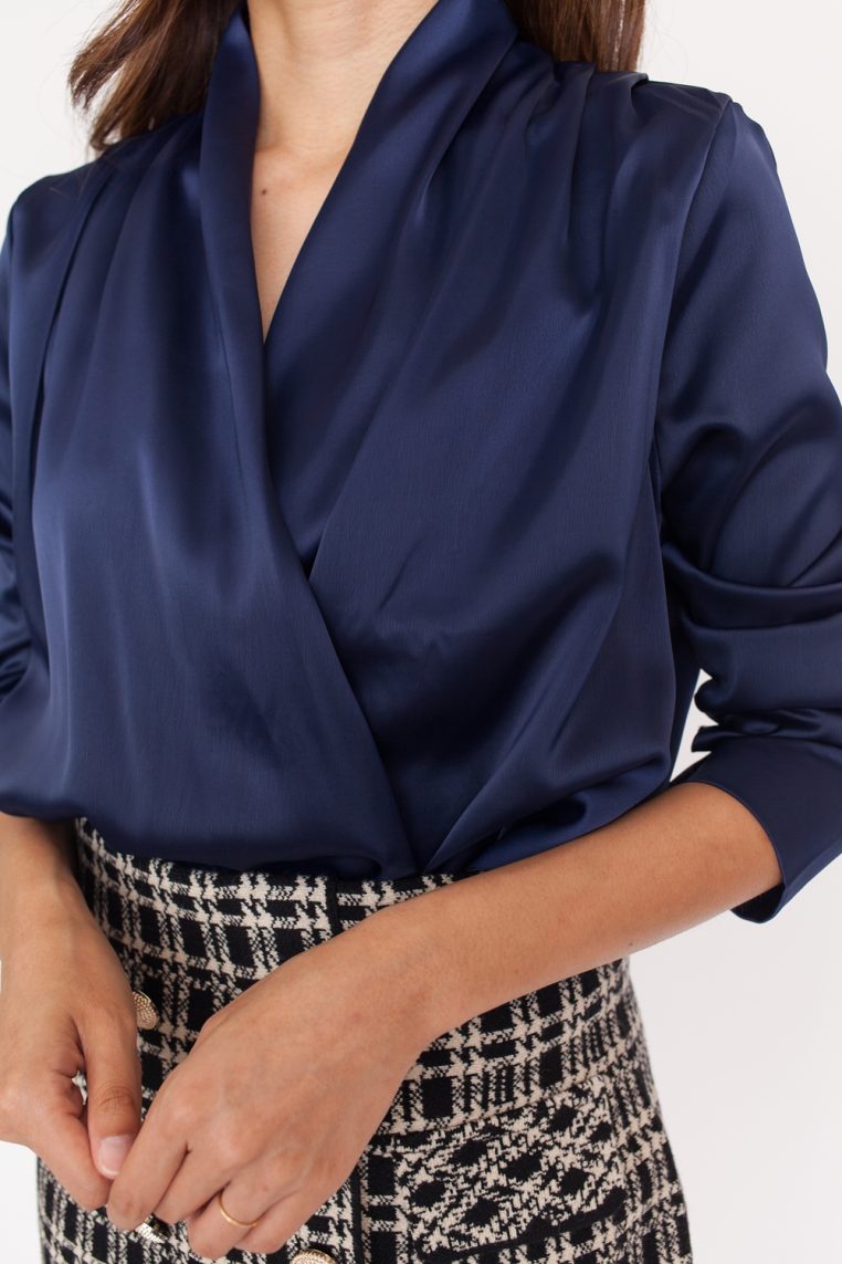 Draped Long Sleeve Satin Blouse - Navy Blue - Image 5