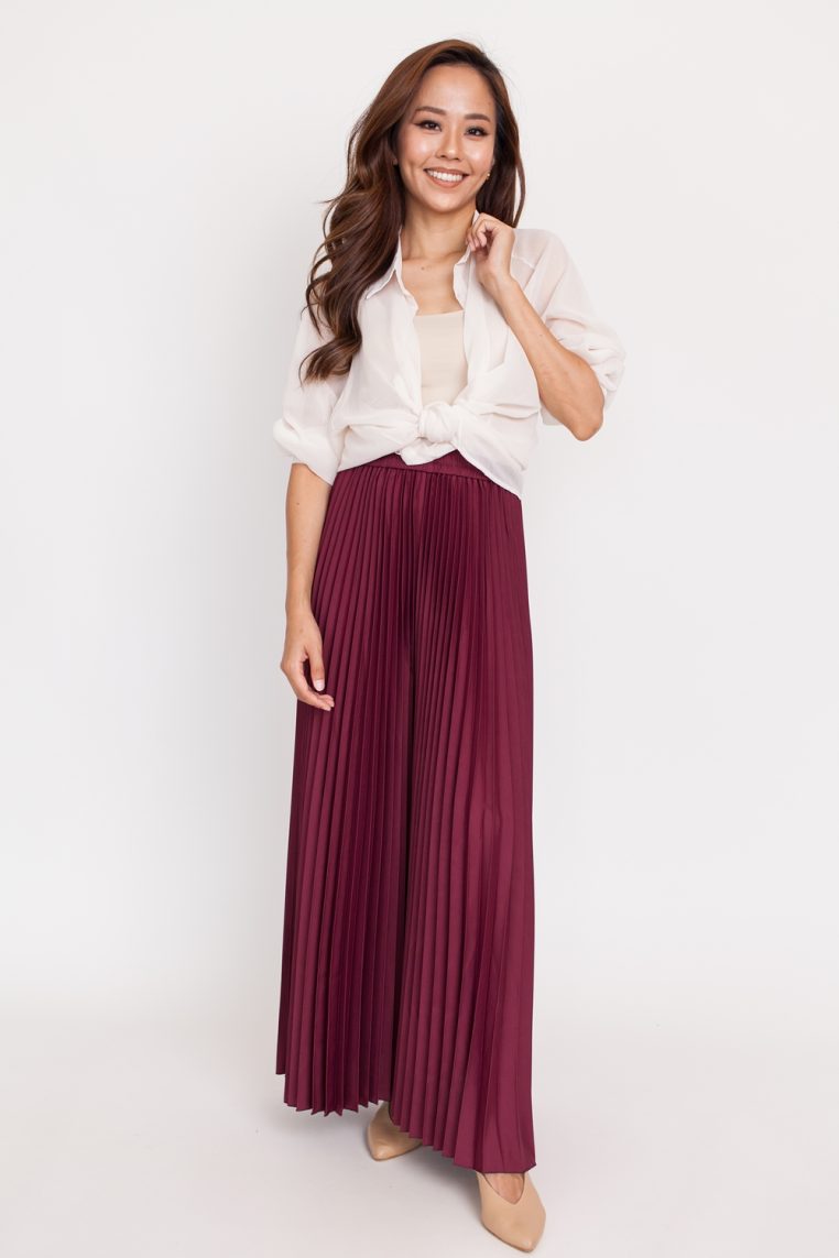 Pleated Flare Pants - Burgundy - Image 3