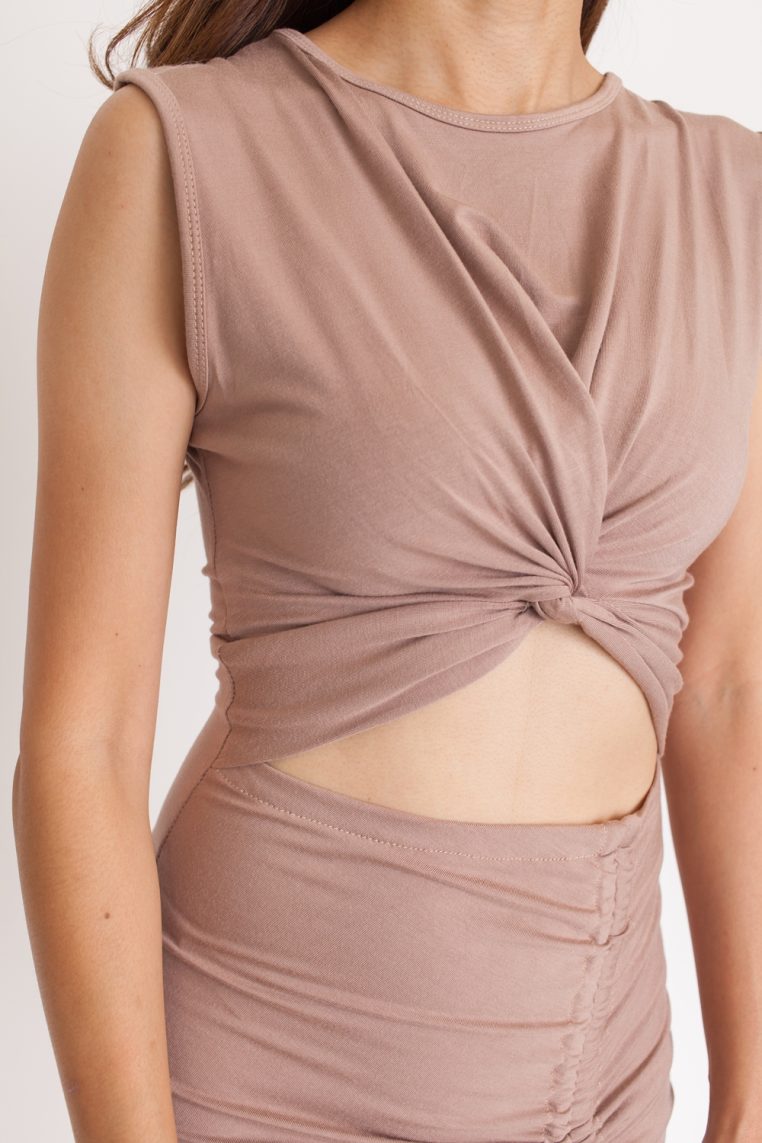 Twist Detail Cut Out Ruched Dress - Khaki - Image 6