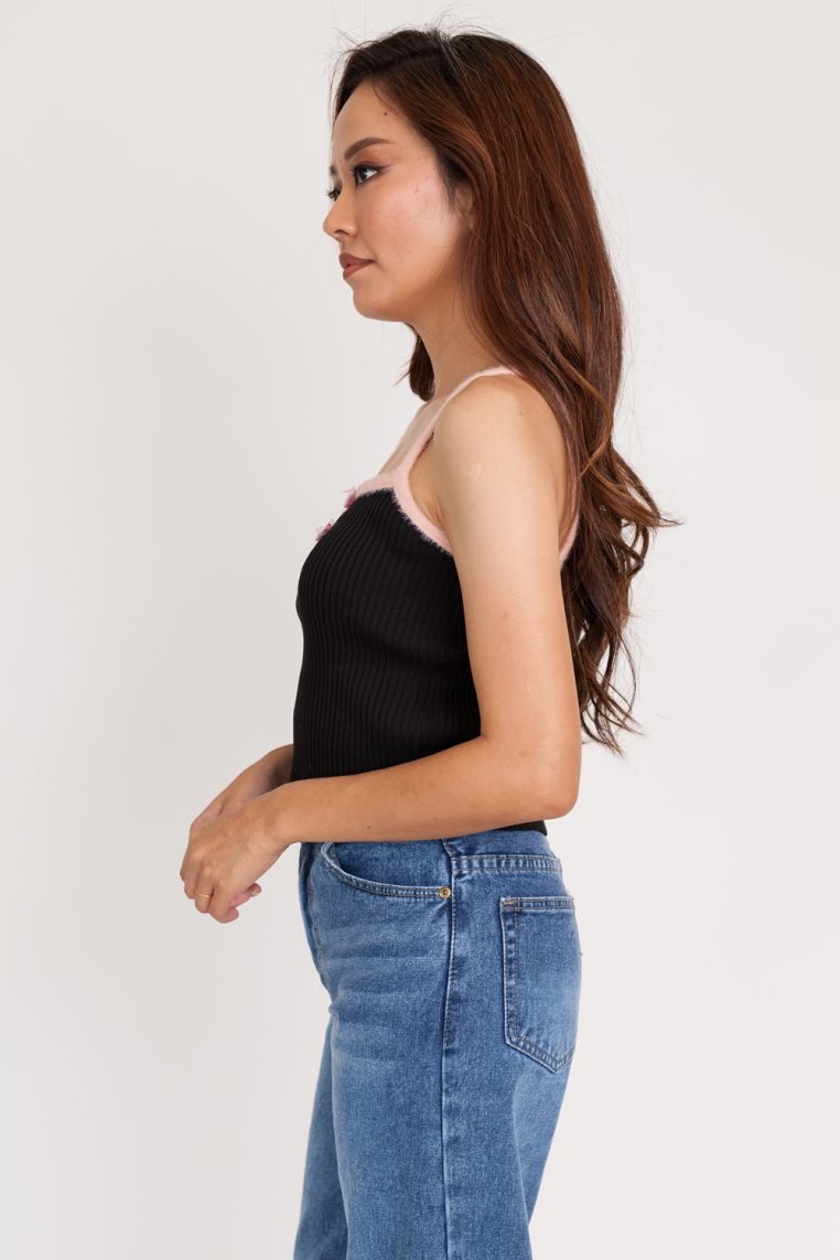 Fluffy Strap Ribbed Camisole Top - Black - Image 4