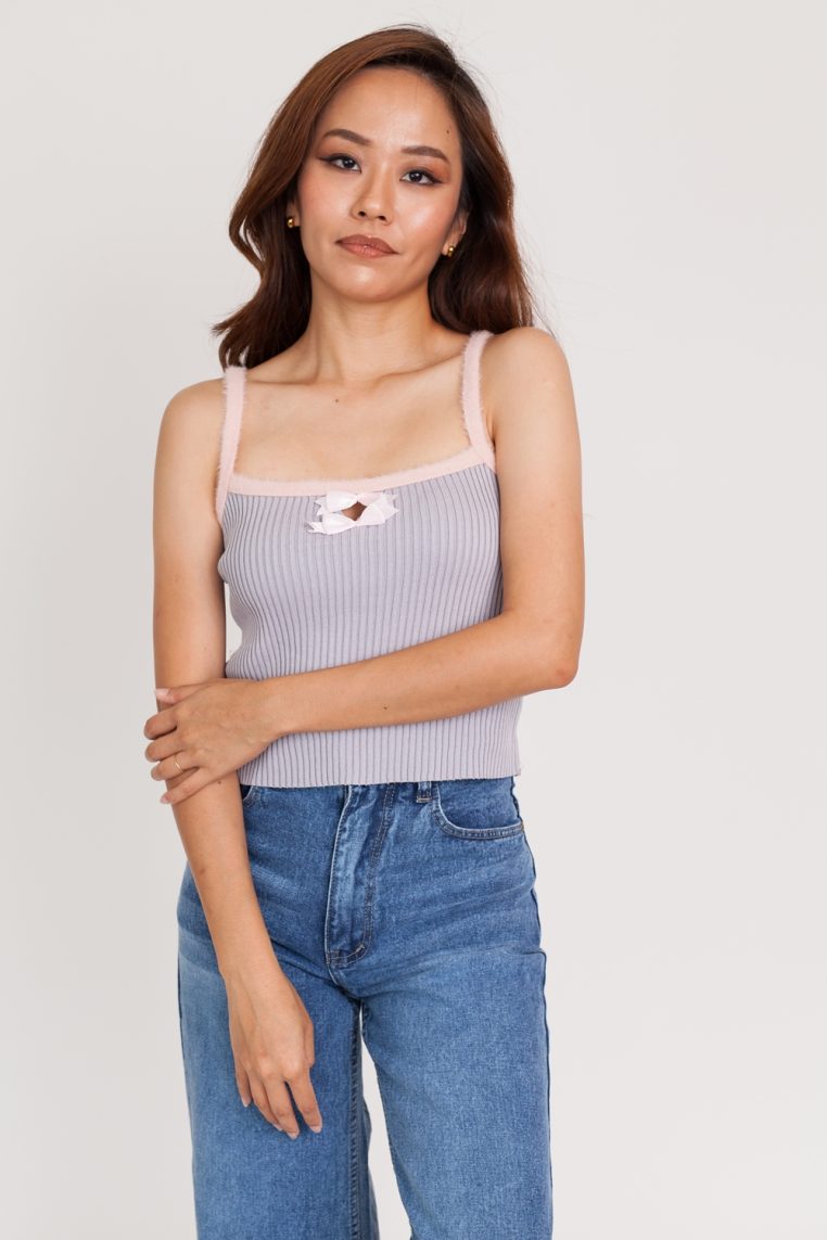 Fluffy Strap Ribbed Camisole Top - Grey - Image 3