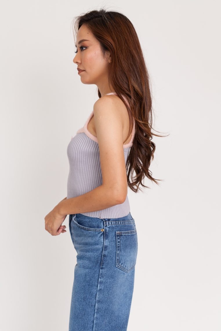 Fluffy Strap Ribbed Camisole Top - Grey - Image 4