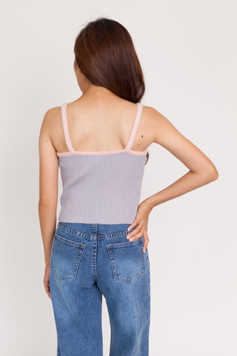 Fluffy Strap Ribbed Camisole Top - Grey - Image 5