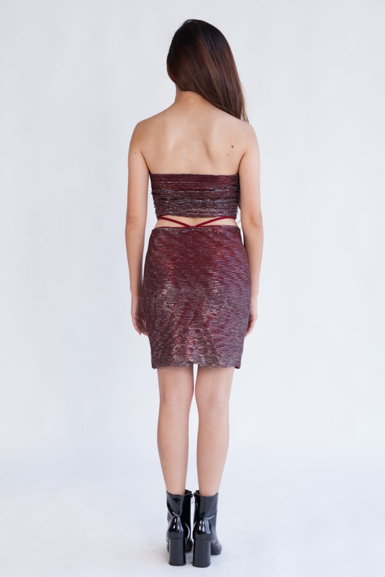 Alternative view of Metallic Padded Tube and Mini Skirt Co-ord - Red