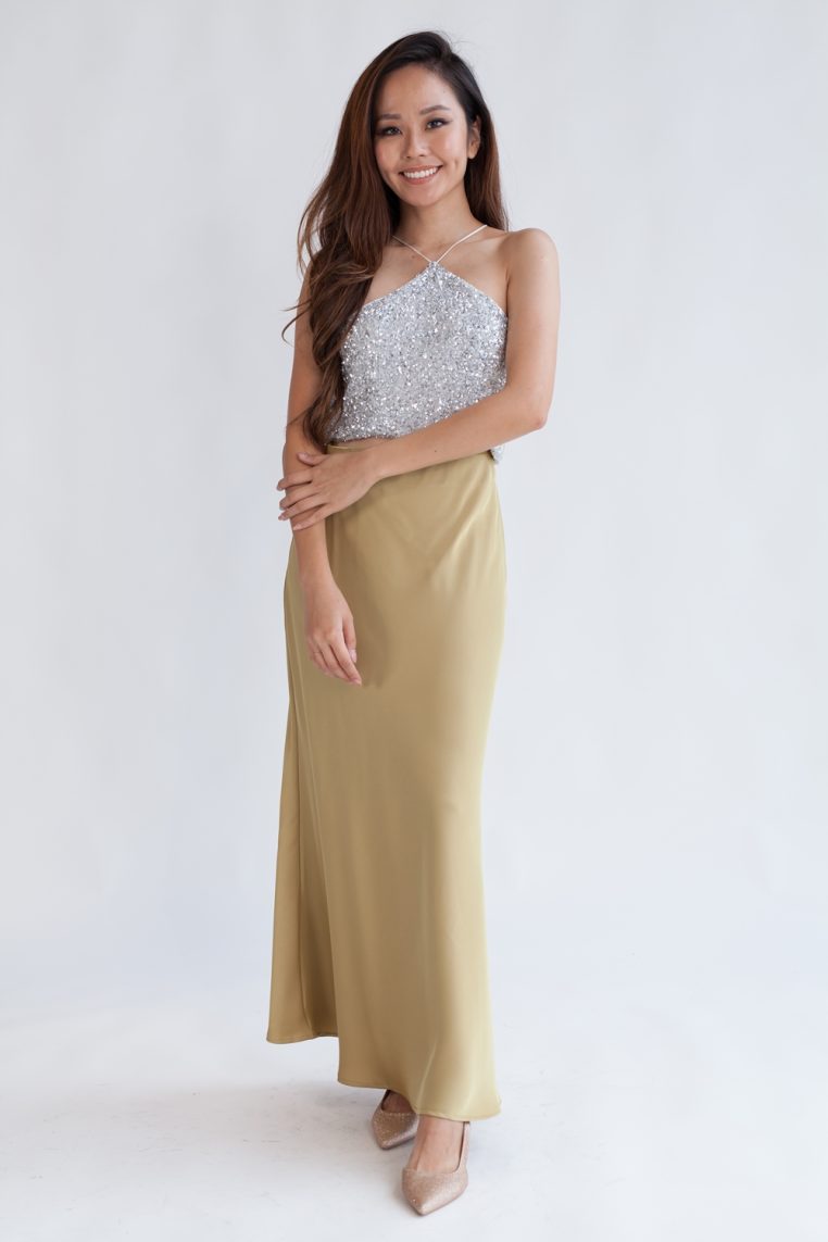 Satin Maxi A Line Skirt - Golden Olive - Image 3