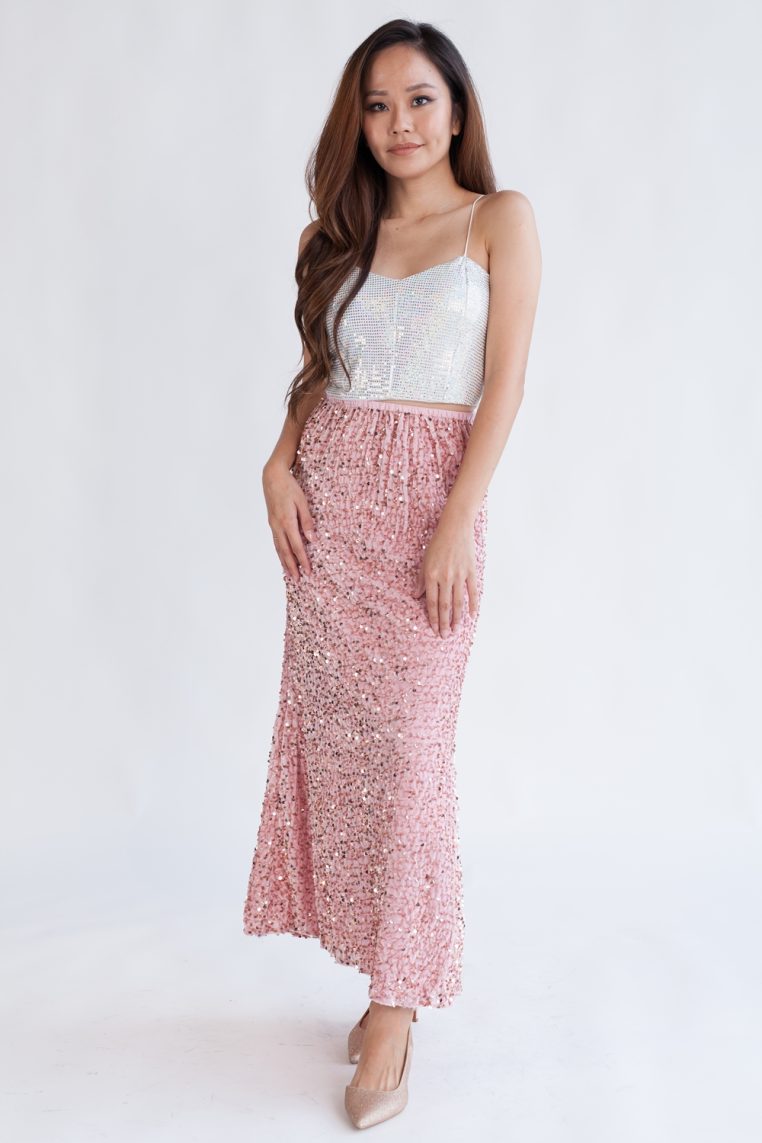 Velvet Sequin Maxi Skirt - Pink - Image 3