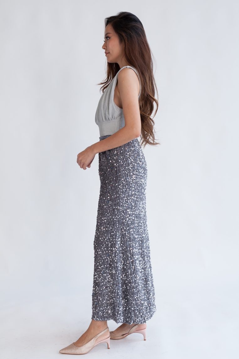 Velvet Sequin Maxi Skirt - Silver - Image 4