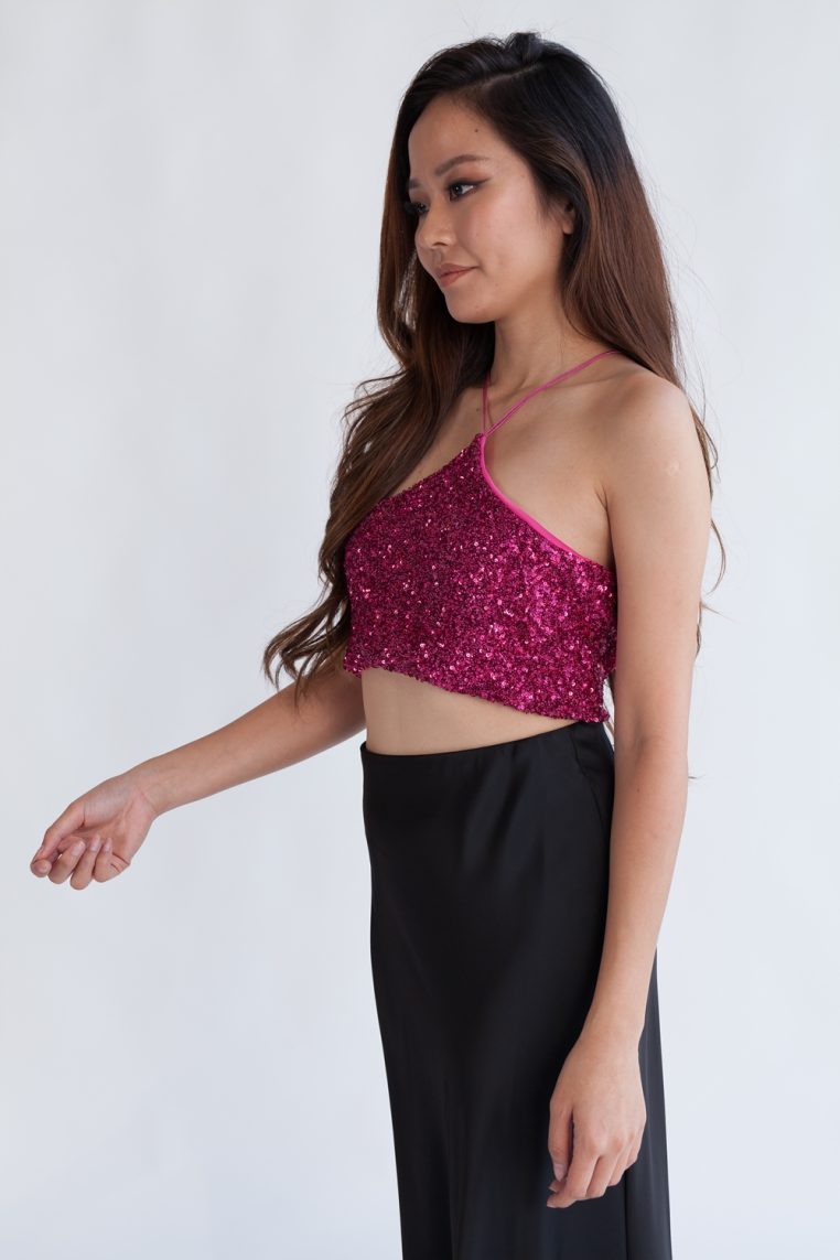 Full Sequin Halter Crop Top - Fuchsia - Image 5