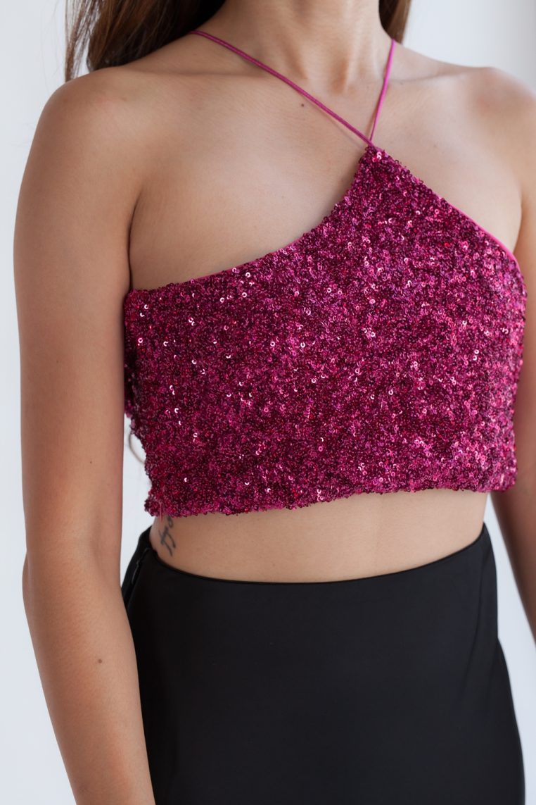 Full Sequin Halter Crop Top - Fuchsia - Image 6