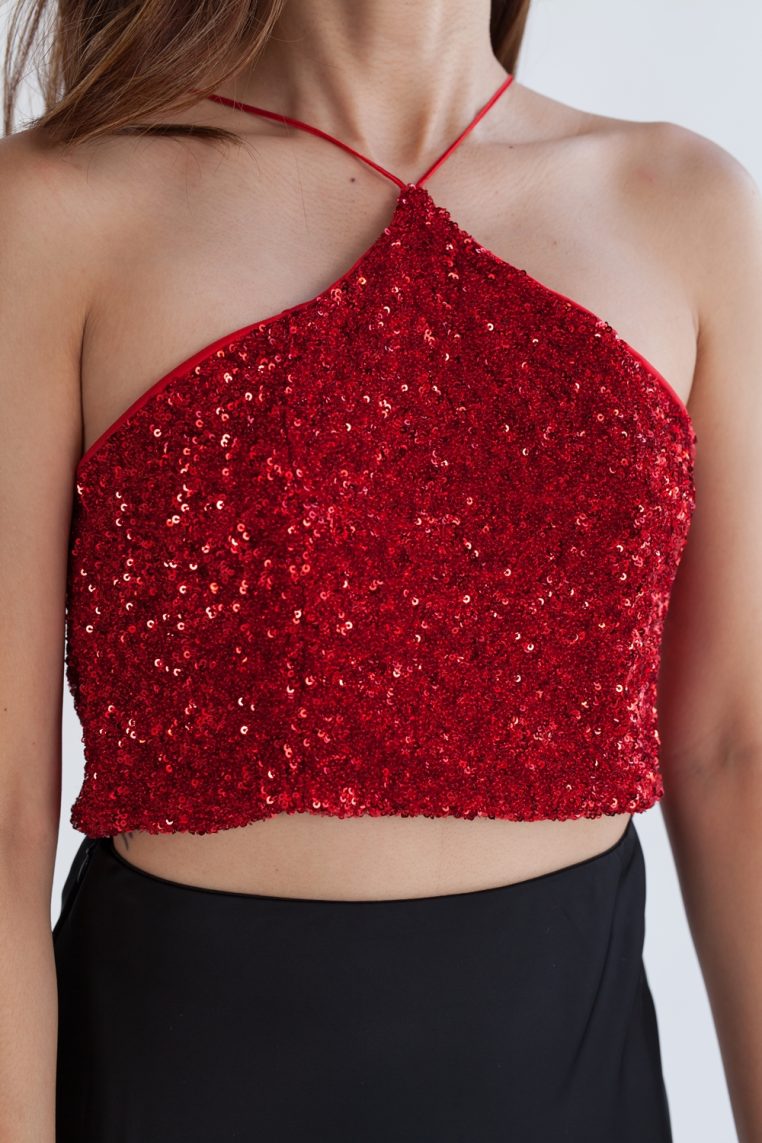 Full Sequin Halter Crop Top - Red - Image 6