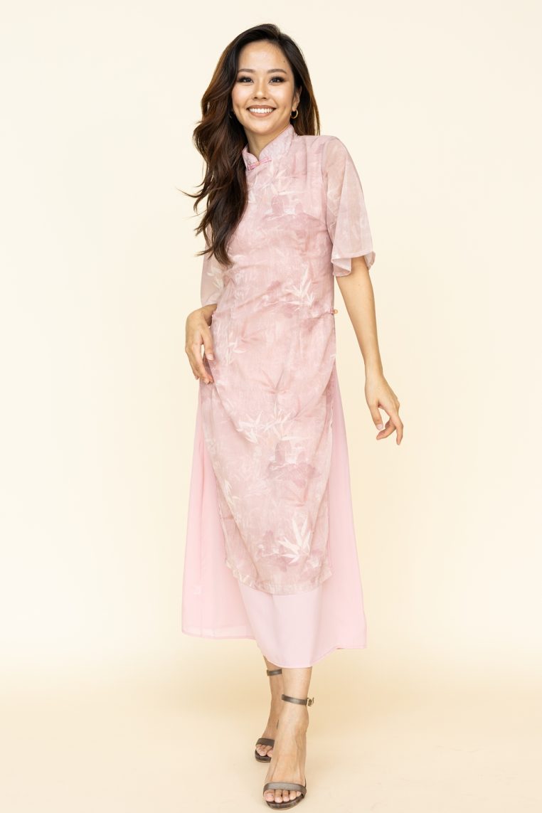 Pink Bamboo Flutter Sleeve Cheongsam - Image 4