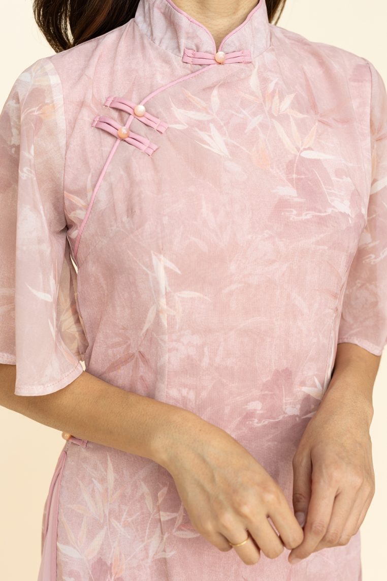Pink Bamboo Flutter Sleeve Cheongsam - Image 8