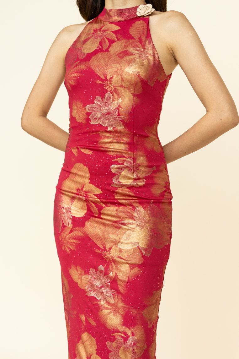 Alternative view of Gold Floral Red Halter Cheongsam