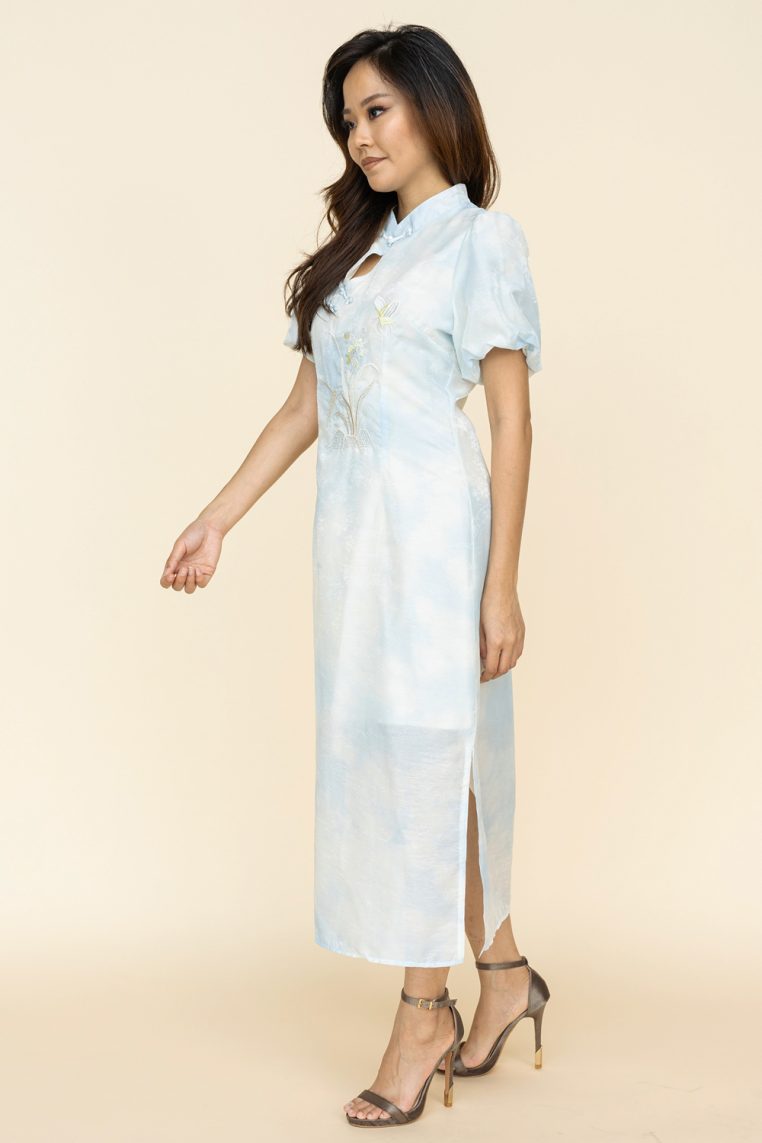 Puff Sleeve Tie Dye Embroidered Maxi Cheongsam - Image 5