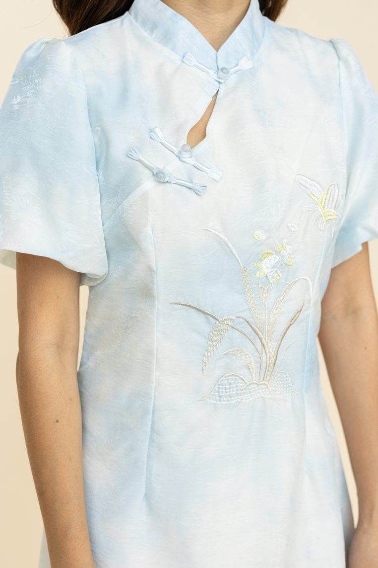 Puff Sleeve Tie Dye Embroidered Maxi Cheongsam - Image 7