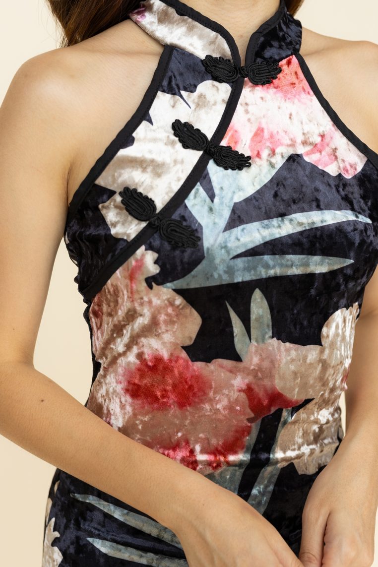 Black Velvet Floral Halter Cheongsam - Image 7