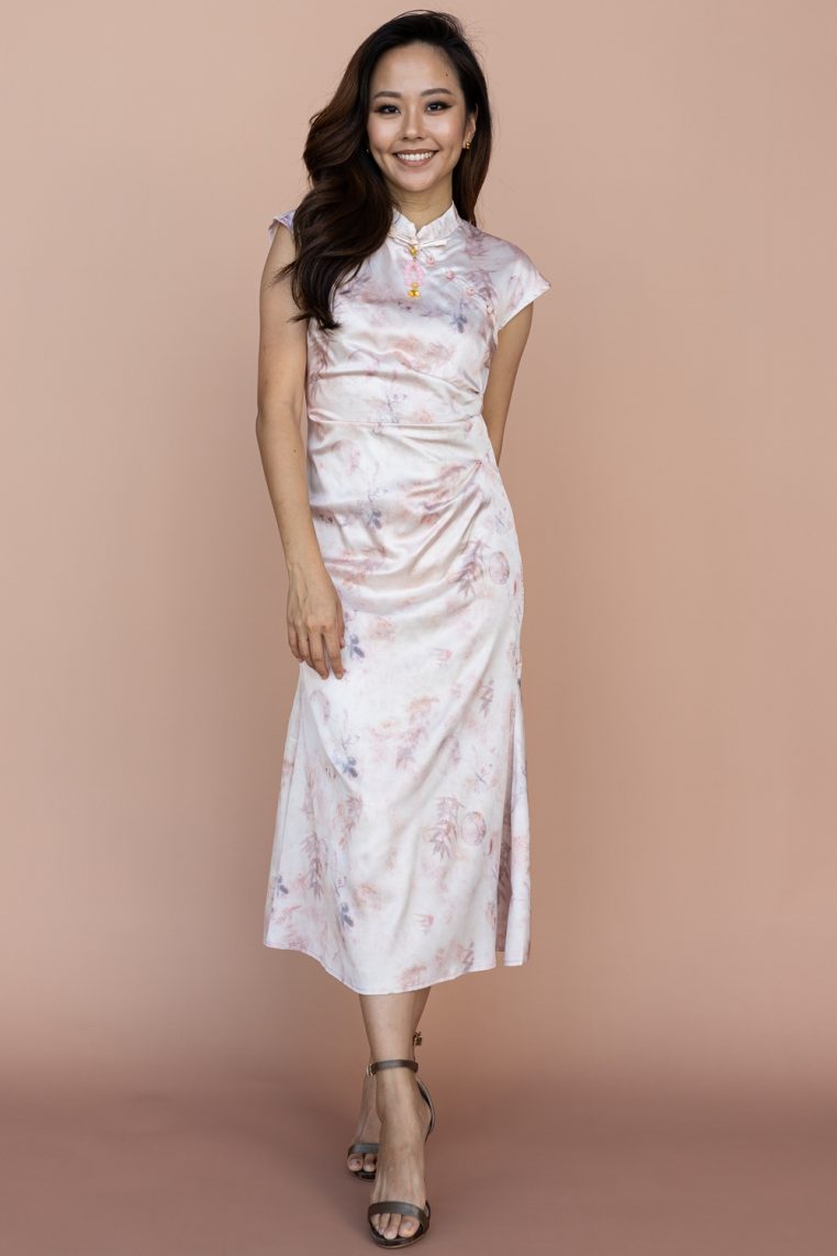 Pink Watercolour Floral Draped Cheongsam - Image 3