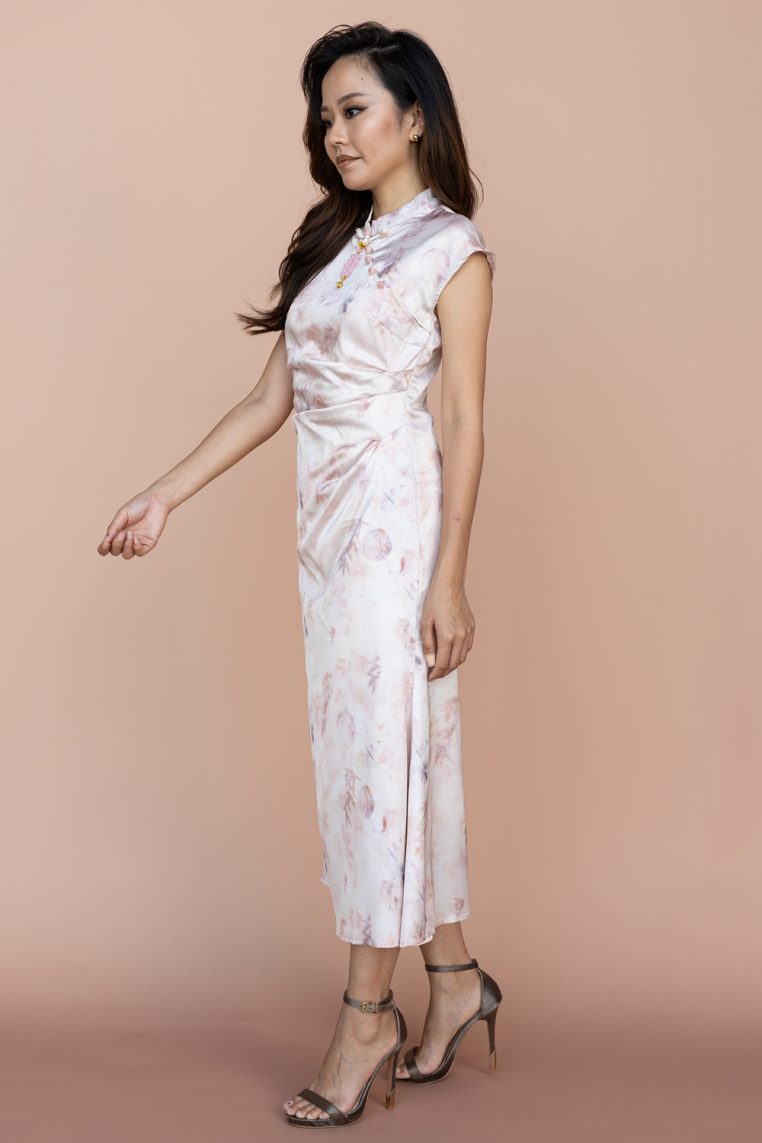 Pink Watercolour Floral Draped Cheongsam - Image 5