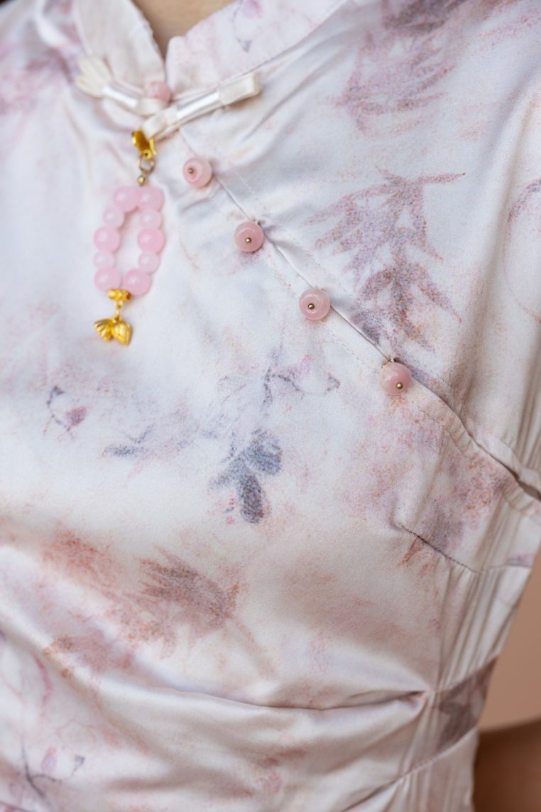 Pink Watercolour Floral Draped Cheongsam - Image 8