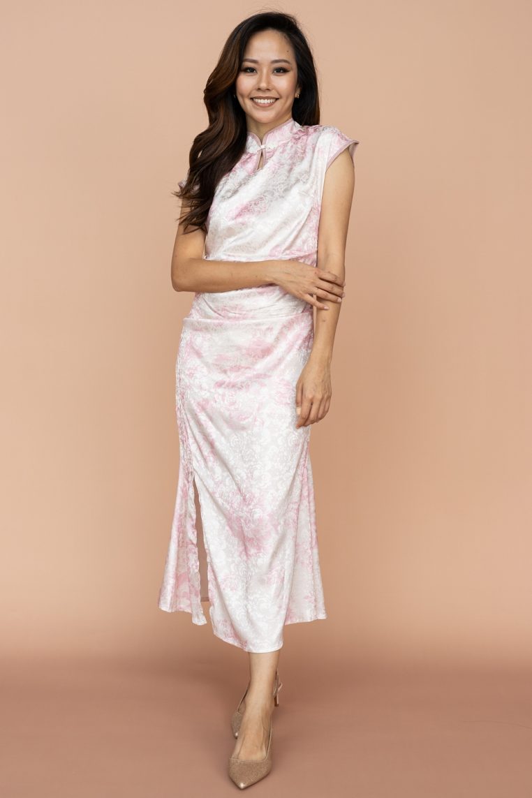 Satin Rose Print Draped Cheongsam - Image 3