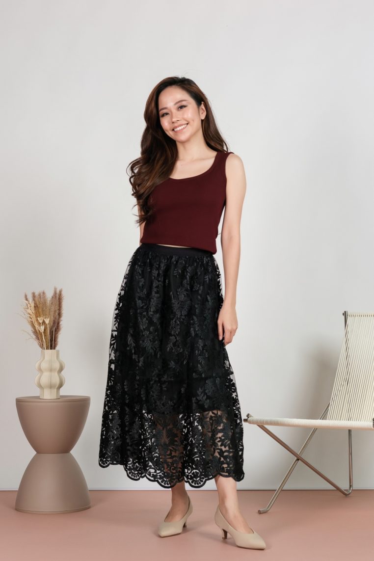 Metallic Luxe Embroidered Flare Skirt - Black