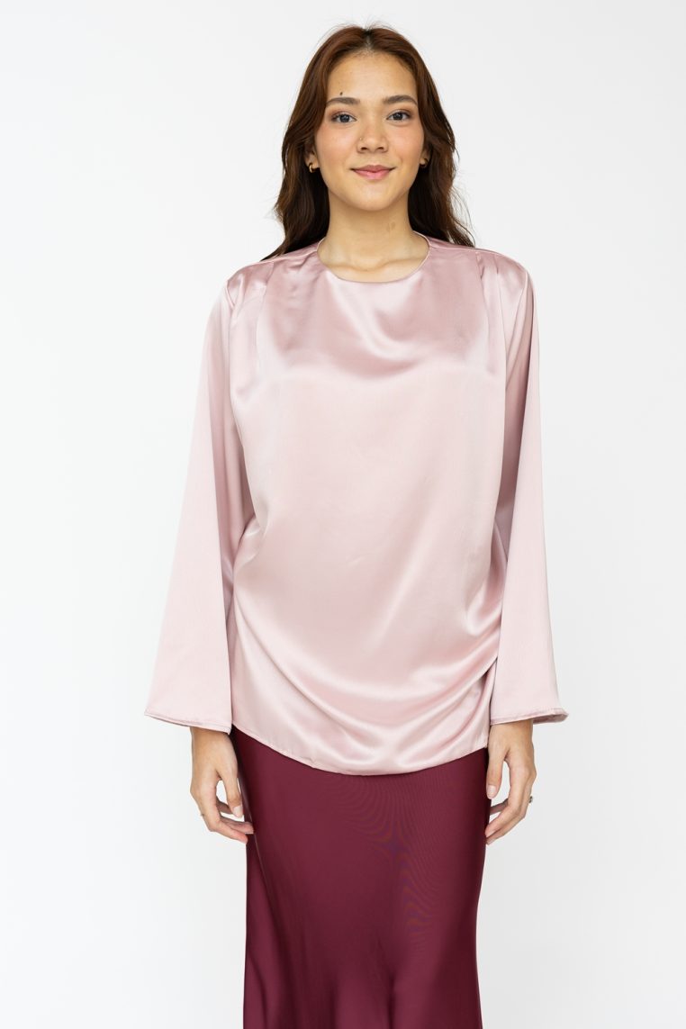 Satin Pleat Side Tunic Top - Blush - Image 3