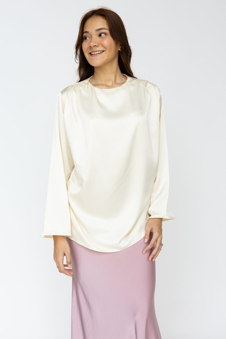 Satin Pleat Side Tunic Top - Cream - Image 5