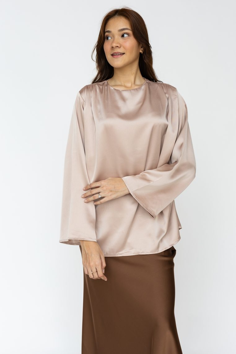 Satin Pleat Side Tunic Top - Taupe - Image 5