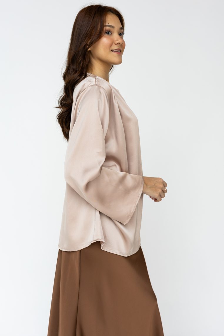 Satin Pleat Side Tunic Top - Taupe - Image 6