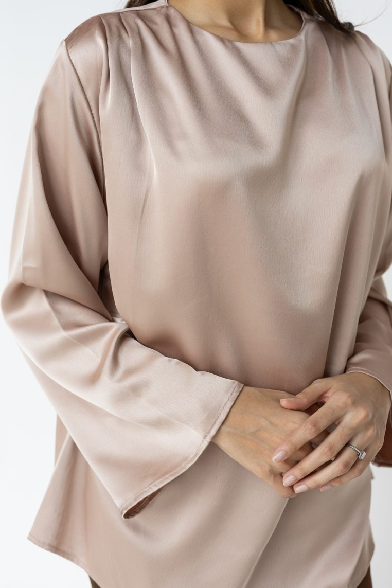 Satin Pleat Side Tunic Top - Taupe - Image 7