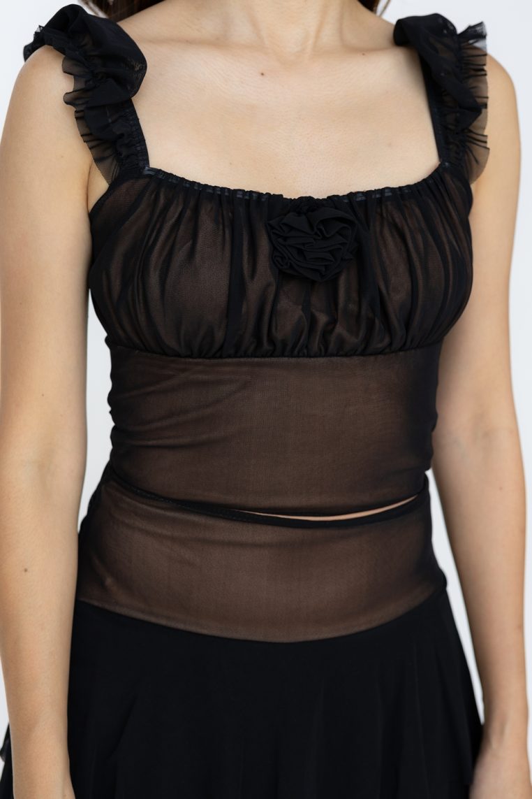 Ruffle Rose Top and Skirt Co-ord Set - Black - Image 7