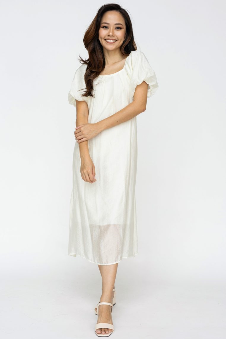 Puff Sleeve Cross Back Dress - Cream - Image 4