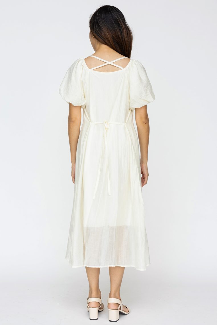 Puff Sleeve Cross Back Dress - Cream - Image 6